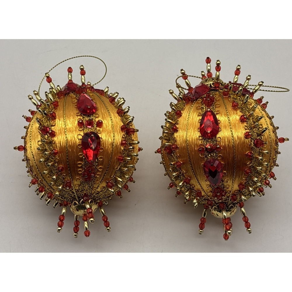 Vintage PUSHPIN  ORNAMENT Sequin Bead Ornate Christmas Tree Handmade Bling X2